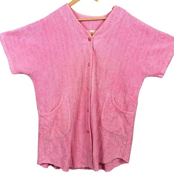 Vintage Stan Herman Hot Pink Terry Cloth Housecoat Robe Cottagecore Grandmacore